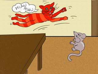 Fa MIAO MIAO puntando un ratto mentre salta un grosso gatto